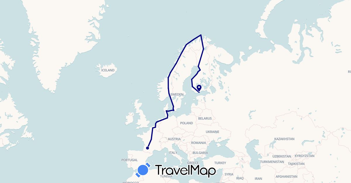 TravelMap itinerary: driving in Belgium, Germany, Denmark, Finland, France, Netherlands, Norway, Sweden (Europe)